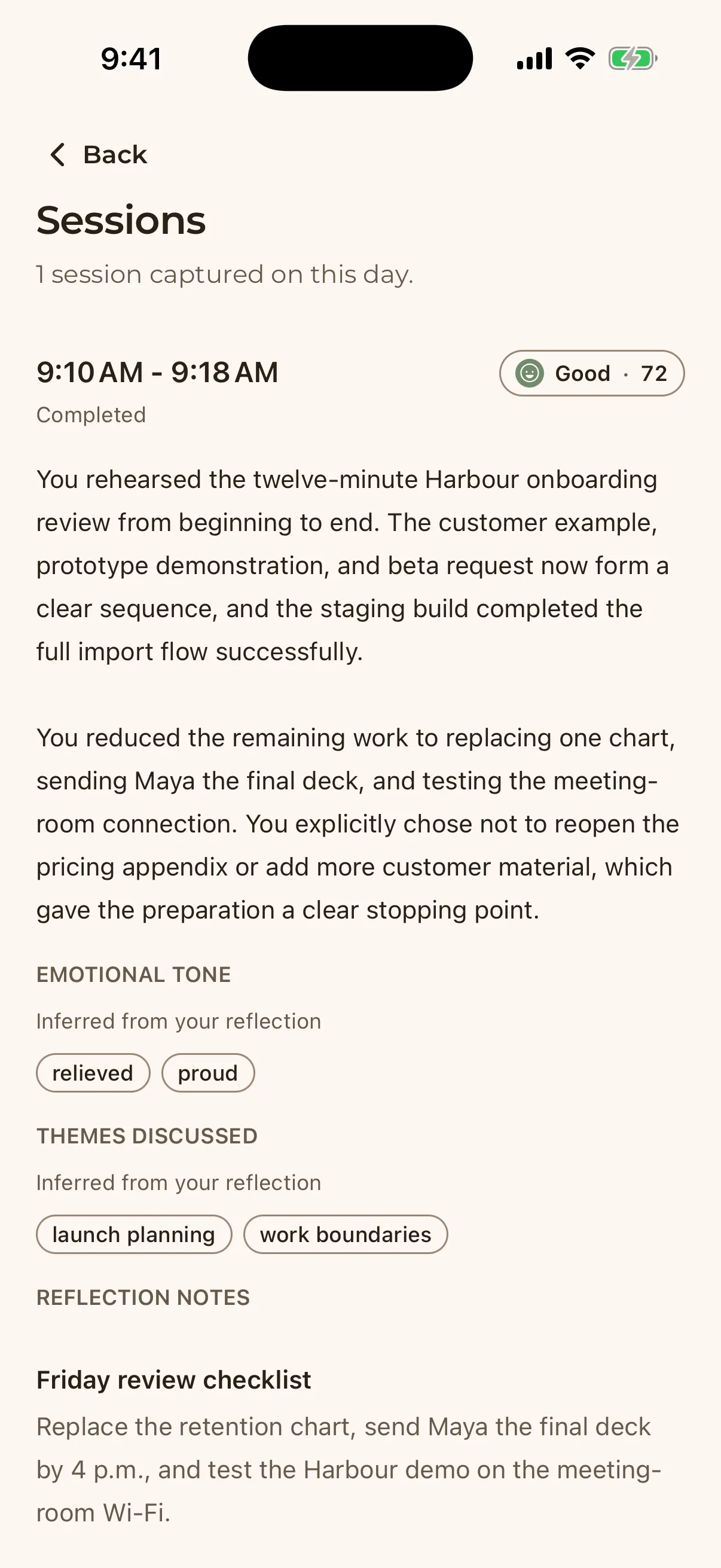 Source session for the Harbour review showing its time, summary, Good mood score, themes, and a saved Friday review checklist.