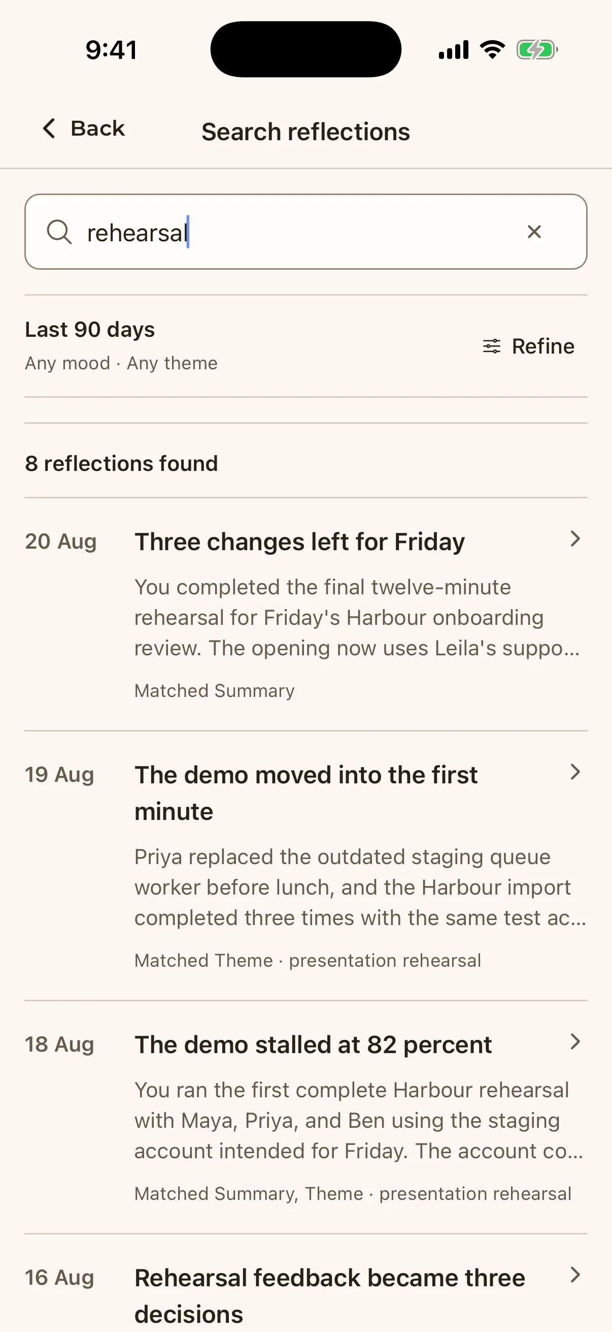 Search reflections screen with rehearsal entered and eight matching Harbour reflection results from the last 90 days.
