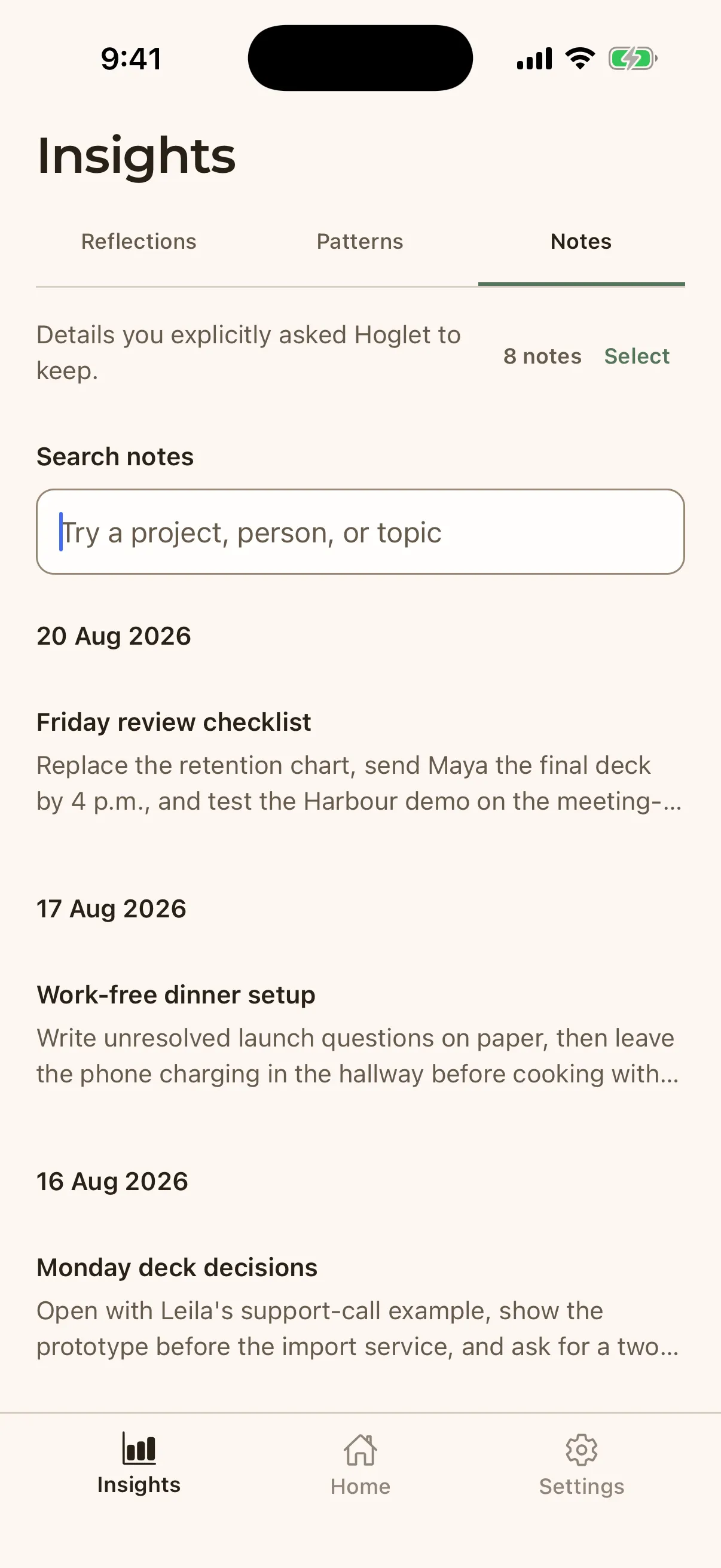 Reflection Notes collection with eight user-requested notes, including the Friday review checklist and Monday deck decisions.