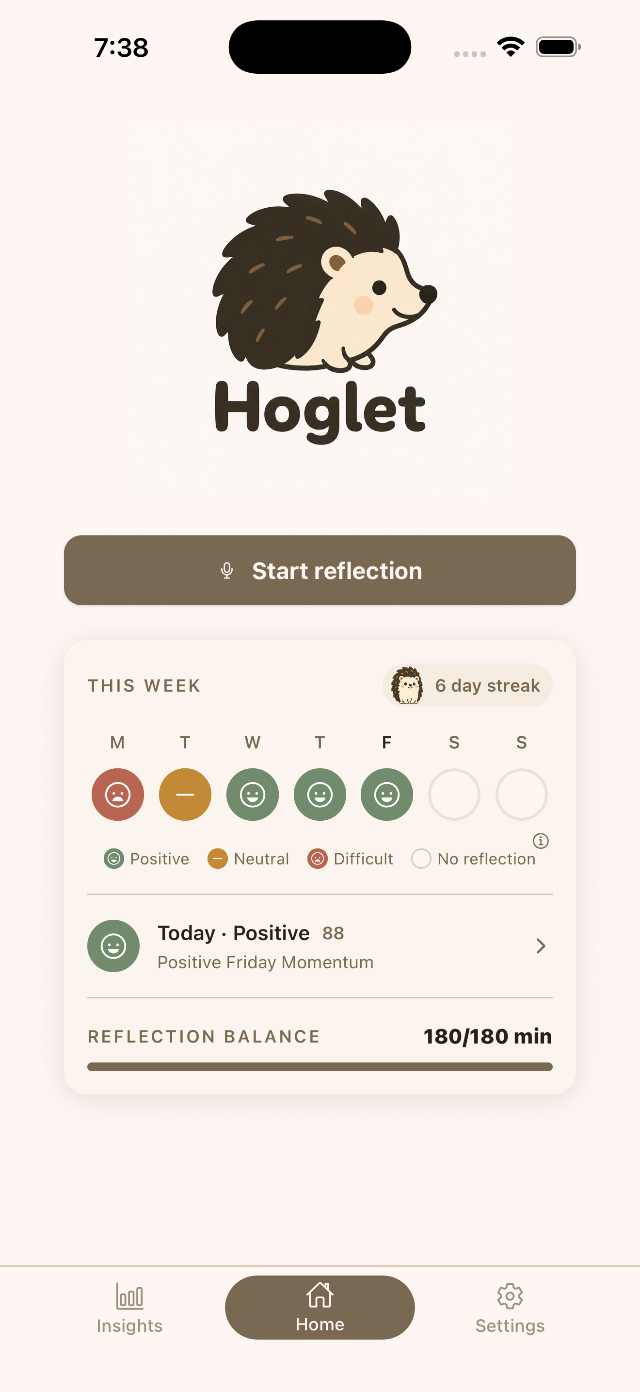 Hoglet home screen showing the app logo, subscription prompt, weekly reflection tracker, today's reflection preview, and reflection balance.