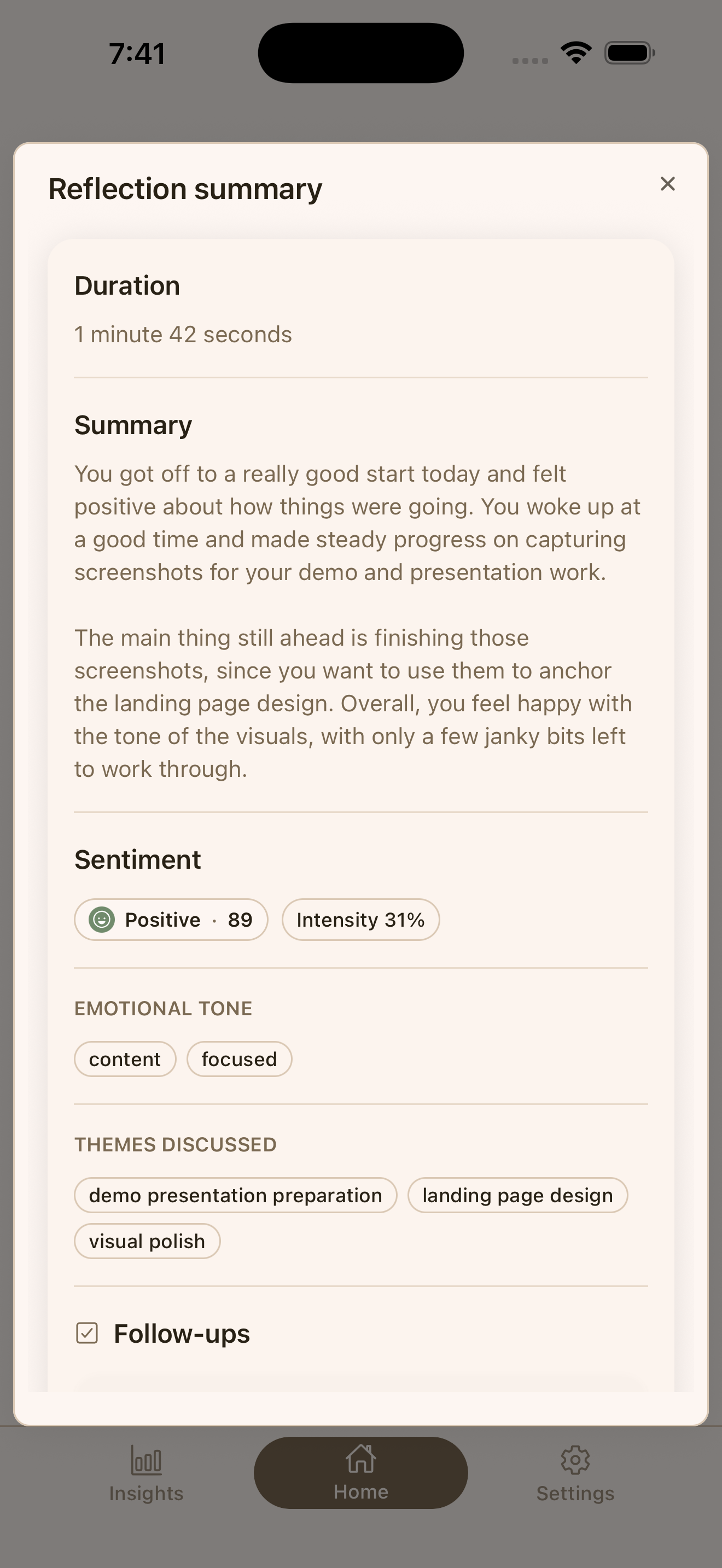 Hoglet post-reflection summary showing the session recap, mood, emotional tone, themes, and follow-ups.